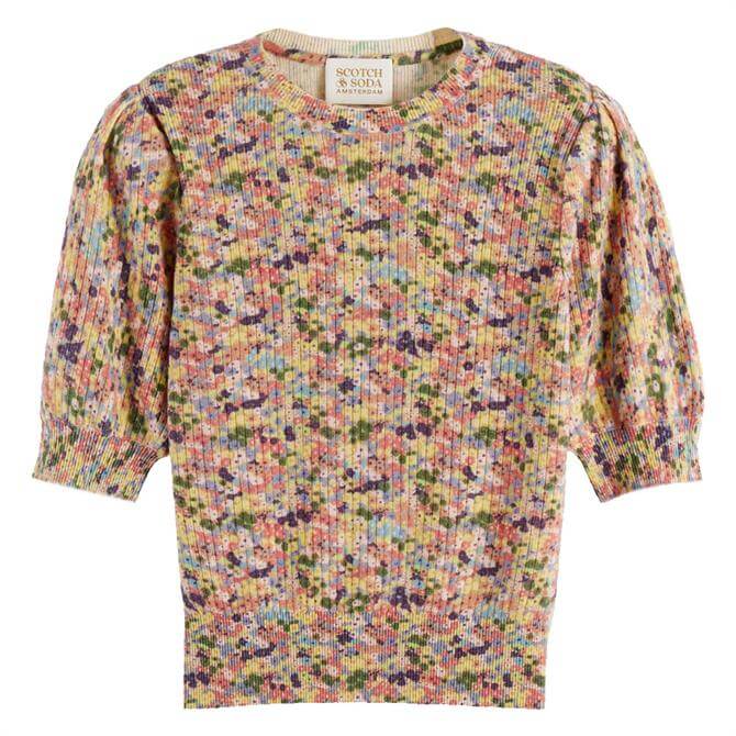 Scotch & Soda Puffed Short Puff Sleeve Floral Knitted Top